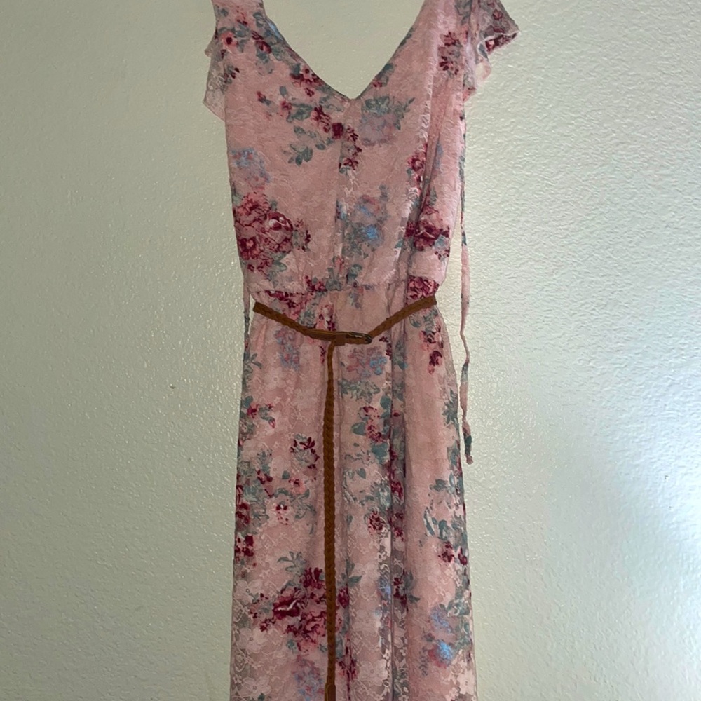 Long flowy floral ruffle dress.